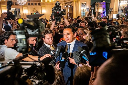 MIKAELA MACKENZIE / WINNIPEG FREE PRESS

New premier Wab Kinew scrums with the media at the NDP party headquarters at the Fort Garry Hotel on Tuesday, Oct. 3, 2023. For election story.
Winnipeg Free Press 2023.