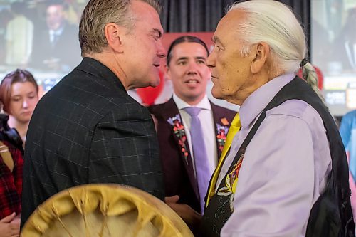 BROOK JONES / WINNIPEG FREE PRESS
Liberal Party of Manitoba candidate for Notre Dame Elder Winston Wuttunee (right), who is from Red Pheasant Cree Nation in Sask., comforts Manitoba Liberal Party leader and candidate for St. Boniface Dougald Lamont at election night party headquarters at the Norwood Hotel in Winnipeg, Man., Tuesday, Oct. 3, 2023. During his concession speech, Lamont announced he is stepping down as party leader. He also lost (unofficial results) his seat in St. Boniface to Manitoba NDP Party candidate Robert Loiselle.