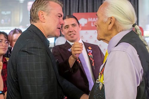 BROOK JONES / WINNIPEG FREE PRESS
Liberal Party of Manitoba candidate for Notre Dame Elder Winston Wuttunee (right), who is from Red Pheasant Cree Nation in Sask., comforts Manitoba Liberal Party leader and candidate for St. Boniface Dougald Lamont by giving him a hug at election night party headquarters at the Norwood Hotel in Winnipeg, Man., Tuesday, Oct. 3, 2023. During his concession speech, Lamont announced he is stepping down as party leader. He also lost (unofficial results) his seat in St. Boniface to Manitoba NDP Party candidate Robert Loiselle.