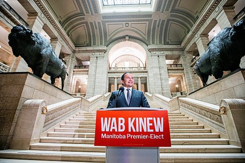 MIKAELA MACKENZIE / WINNIPEG FREE PRESS

Premier-elect Wab Kinew speaks with the media at the Manitoba Legislative Building on Wednesday, Oct. 4, 2023. For &#x2014; story.
Winnipeg Free Press 2023.