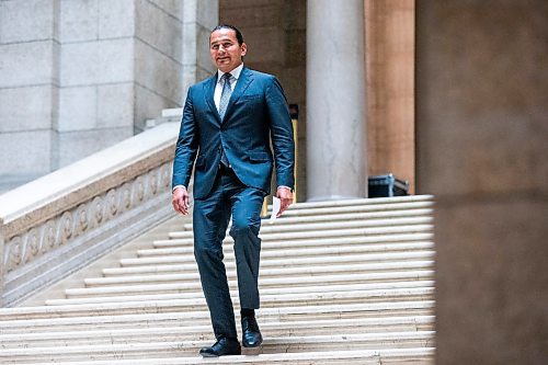 MIKAELA MACKENZIE / WINNIPEG FREE PRESS

Premier-elect Wab Kinew walks down to speak with the media at the Manitoba Legislative Building on Wednesday, Oct. 4, 2023. For &#x460;story.
Winnipeg Free Press 2023.