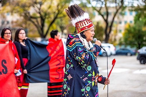 MIKAELA MACKENZIE / WINNIPEG FREE PRESS

AMC grand chief Cathy Merrick speaks at a rally at the Manitoba Legislative Building for National Day of Action for Missing and Murdered Indigenous Women, Girls and Gender Diverse People on Wednesday, Oct. 4, 2023.
Winnipeg Free Press 2023.