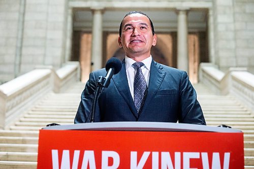 MIKAELA MACKENZIE / WINNIPEG FREE PRESS

Premier-elect Wab Kinew speaks with the media at the Manitoba Legislative Building on Wednesday, Oct. 4, 2023. For &#x2014; story.
Winnipeg Free Press 2023.