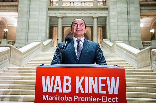 MIKAELA MACKENZIE / WINNIPEG FREE PRESS

Premier-elect Wab Kinew speaks with the media at the Manitoba Legislative Building on Wednesday, Oct. 4, 2023. For &#x2014; story.
Winnipeg Free Press 2023.