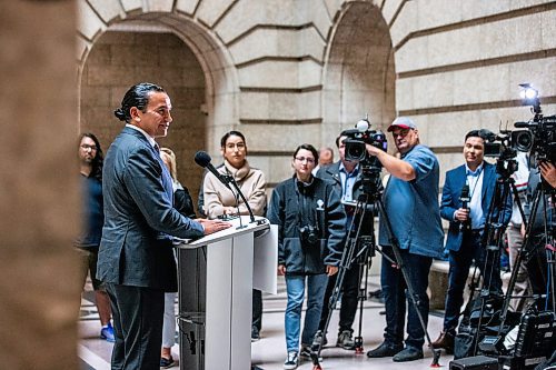 MIKAELA MACKENZIE / WINNIPEG FREE PRESS

Premier-elect Wab Kinew speaks with the media at the Manitoba Legislative Building on Wednesday, Oct. 4, 2023. For &#x2014; story.
Winnipeg Free Press 2023.