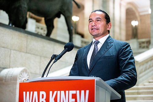 MIKAELA MACKENZIE / WINNIPEG FREE PRESS

Premier-elect Wab Kinew speaks with the media at the Manitoba Legislative Building on Wednesday, Oct. 4, 2023. For &#x2014; story.
Winnipeg Free Press 2023.