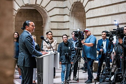 MIKAELA MACKENZIE / WINNIPEG FREE PRESS

Premier-elect Wab Kinew speaks with the media at the Manitoba Legislative Building on Wednesday, Oct. 4, 2023. For &#x2014; story.
Winnipeg Free Press 2023.