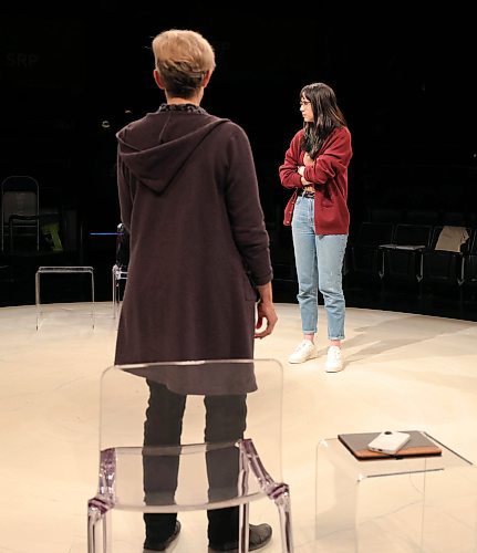 RUTH BONNEVILLE / WINNIPEG FREE PRESS

ENT - PTE

FEAST rehearsal photos.

Actors rehearse a scene of FEAST on stage at PTE, Wednesday. 

Names of actors:
Melonie Whyte - Actor &quot;Julia&quot;  
Bailey Chin - Actor &quot;Isabel&quot; (rear, red sweater)





Oct 04, 2023

