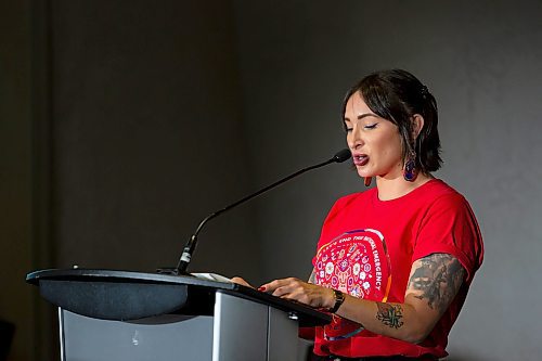 BROOK JONES / WINNIPEG FREE PRESS 
Remembering our MMIWG2S+ Relatives is held on the Provincial Day of Awareness and Education and the National Day of Action for Missing &amp; Murdered Women, Girls and 2SLBGTQQIA at the Canadian Museum for Human Rights in Winnipeg, Man., Wednesday, Oct. 4, 2023. The daylong event was hosted by the MMIWG2S+ Implementation Committee. Pictured: Anna Huard (left), who is a MMMIWG2S+ liaison with the Southern Chiefs' Organization, speaks about universal basic income.