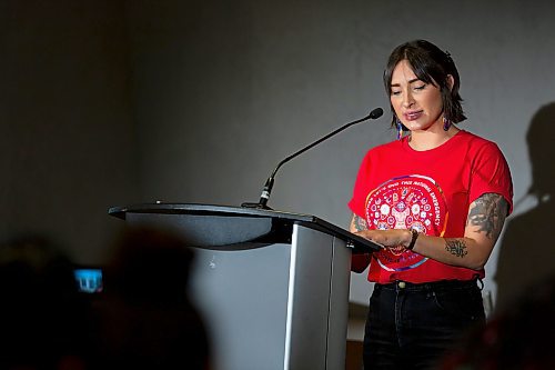 BROOK JONES / WINNIPEG FREE PRESS 
Remembering our MMIWG2S+ Relatives is held on the Provincial Day of Awareness and Education and the National Day of Action for Missing &amp; Murdered Women, Girls and 2SLBGTQQIA at the Canadian Museum for Human Rights in Winnipeg, Man., Wednesday, Oct. 4, 2023. The daylong event was hosted by the MMIWG2S+ Implementation Committee. Pictured: Anna Huard (left), who is a MMMIWG2S+ liaison with the Southern Chiefs' Organization, speaks about universal basic income.