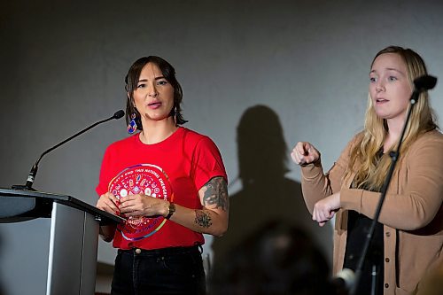 BROOK JONES / WINNIPEG FREE PRESS 
Remembering our MMIWG2S+ Relatives is held on the Provincial Day of Awareness and Education and the National Day of Action for Missing &amp; Murdered Women, Girls and 2SLBGTQQIA at the Canadian Museum for Human Rights in Winnipeg, Man., Wednesday, Oct. 4, 2023. The daylong event was hosted by the MMIWG2S+ Implementation Committee. Pictured: Anna Huard (left), who is a MMMIWG2S+ liaison with the Southern Chiefs' Organization, speaks about universal basic income.