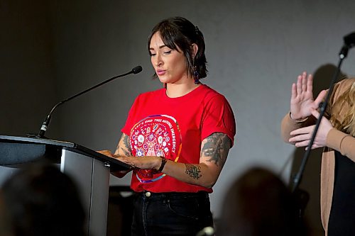 BROOK JONES / WINNIPEG FREE PRESS 
Remembering our MMIWG2S+ Relatives is held on the Provincial Day of Awareness and Education and the National Day of Action for Missing &amp; Murdered Women, Girls and 2SLBGTQQIA at the Canadian Museum for Human Rights in Winnipeg, Man., Wednesday, Oct. 4, 2023. The daylong event was hosted by the MMIWG2S+ Implementation Committee. Pictured: Anna Huard (left), who is a MMMIWG2S+ liaison with the Southern Chiefs' Organization, speaks about universal basic income.