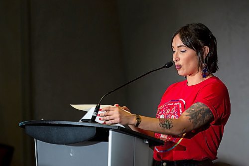 BROOK JONES / WINNIPEG FREE PRESS 
Remembering our MMIWG2S+ Relatives is held on the Provincial Day of Awareness and Education and the National Day of Action for Missing &amp; Murdered Women, Girls and 2SLBGTQQIA at the Canadian Museum for Human Rights in Winnipeg, Man., Wednesday, Oct. 4, 2023. The daylong event was hosted by the MMIWG2S+ Implementation Committee. Pictured: Anna Huard (left), who is a MMMIWG2S+ liaison with the Southern Chiefs' Organization, speaks about universal basic income.