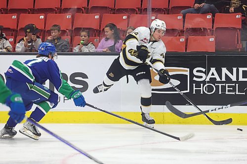 04102023
Andrei Maliavin #44 of the Brandon Wheat Kings fires off a shot on net during WHL action against the Prince Albert Raiders at Westoba Place on Wednesday evening. (Tim Smith/The Brandon Sun) 