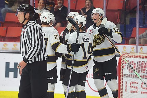 04102023
Brandon Wheat Kings players celebrate a goal during WHL action against the Prince Albert Raiders at Westoba Place on Wednesday evening. (Tim Smith/The Brandon Sun) 