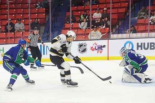 04102023
Dominik Petr #82 of the Brandon Wheat Kings skates in for a shot on Prince Albert Raiders netminder Chase Coward during WHL action at Westoba Place on Wednesday evening. (Tim Smith/The Brandon Sun) 