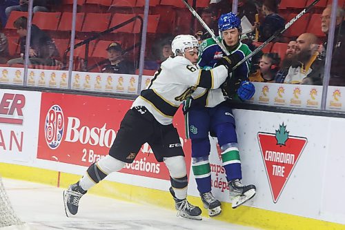 04102023
Matt Henry #67 of the Brandon Wheat Kings checks Tyrone Sobry #2 of the Prince Albert Raiders into the glass during WHL action at Westoba Place on Wednesday evening. (Tim Smith/The Brandon Sun) 