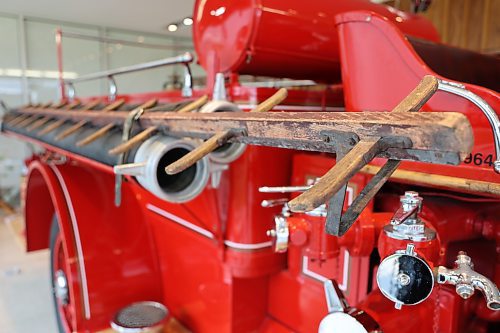 A close up of a ladder attached to the side of the 1929 Bickle fire truck, on display in the museum at Brandon’s No. 1 Fire Hall, 120 19th Street North, on Thursday. (Michele McDougall/The Brandon Sun)


