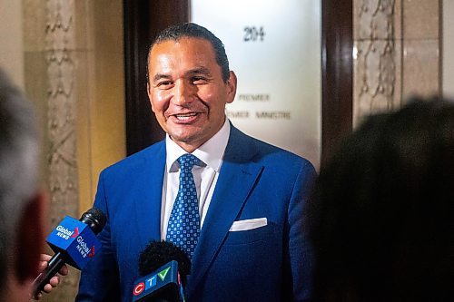 MIKAELA MACKENZIE / WINNIPEG FREE PRESS

Premier designate Wab Kinew scrums outside of the premier&#x573; office after meeting with outgoing premier Heather Stefanson at the Manitoba Legislative Building on Thursday, Oct. 5, 2023. For Danielle story.
Winnipeg Free Press 2023.