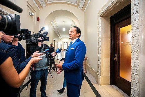 MIKAELA MACKENZIE / WINNIPEG FREE PRESS

Premier designate Wab Kinew scrums outside of the premier&#x573; office after meeting with outgoing premier Heather Stefanson at the Manitoba Legislative Building on Thursday, Oct. 5, 2023. For Danielle story.
Winnipeg Free Press 2023.