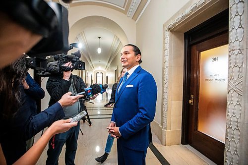 MIKAELA MACKENZIE / WINNIPEG FREE PRESS

Premier designate Wab Kinew scrums outside of the premier&#x573; office after meeting with outgoing premier Heather Stefanson at the Manitoba Legislative Building on Thursday, Oct. 5, 2023. For Danielle story.
Winnipeg Free Press 2023.