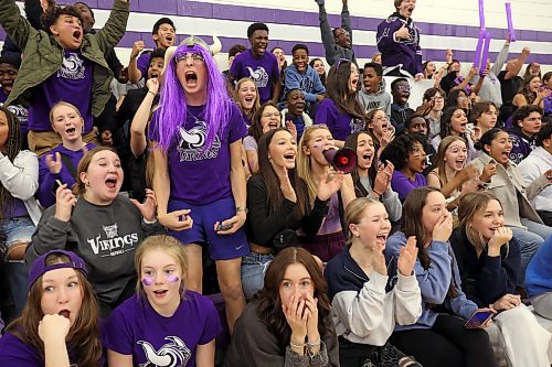 Vincent Massey Vikings fans cheer during the team's match against the Crocus Plainsmen in the Viking Classic volleyball tournament at VMHS on Friday afternoon. (Tim Smith/The Brandon Sun)