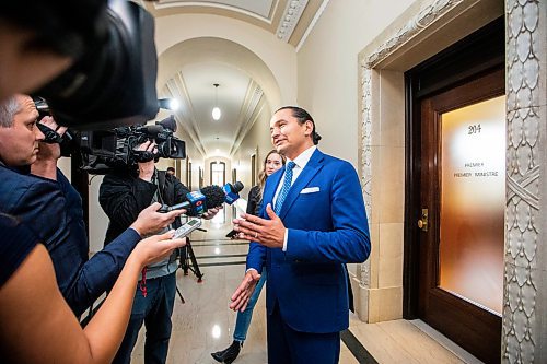 MIKAELA MACKENZIE / WINNIPEG FREE PRESS

Premier designate Wab Kinew scrums outside of the premier&#x573; office after meeting with outgoing premier Heather Stefanson at the Manitoba Legislative Building on Thursday, Oct. 5, 2023. For Danielle story.
Winnipeg Free Press 2023.