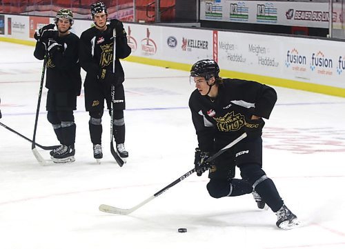 Brandon Wheat Kings defenceman Charlie Elick handles the puck under the watchful eye of Nolan Ritchie and Luke Shipley during practice on Friday at Westoba Place. Ritchie, who graduated from the team last season and now plays professionally in Italy, was back in Brandon for the funeral of grandmother Lois Fowler on Thursday. (Perry Bergson/The Brandon Sun)
Oct. 6, 2023