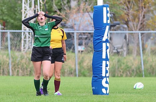 Paityn Bourgouin of the Dauphin Clippers reacts after scoring the winning try against the Crocus Plainsmen in the final of the varsity girls rugby 7s provincial championship at John Reilly Field
(Perry Bergson/The Brandon Sun)