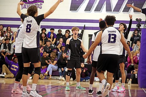 Vincent Massey Vikings players celebrate a point during their match against the Crocus Plainsmen in the Viking Classic volleyball tournament at Massey on Friday afternoon. (Tim Smith/The Brandon Sun)