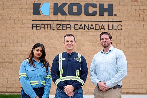 05102023
Koch Fertilizer Canada process engineering intern Zoya Malik, plant manager Rodi Sveistrup and maintenance leader Steven Brown. (Tim Smith/The Brandon Sun) 