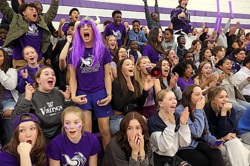 06102023
Vincent Massey Vikings fans cheer during the Vikings match against the Crocus Plainsmen in the Viking Classic volleyball tournament at VMHS on Friday afternoon. 
(Tim Smith/The Brandon Sun)