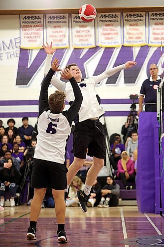 06102023
Xavier Folkerts #15 of the Vincent Massey Vikings leaps to spike the ball during the Vikings match against the Crocus Plainsmen in the Viking Classic volleyball tournament at VMHS on Friday afternoon. 
(Tim Smith/The Brandon Sun)