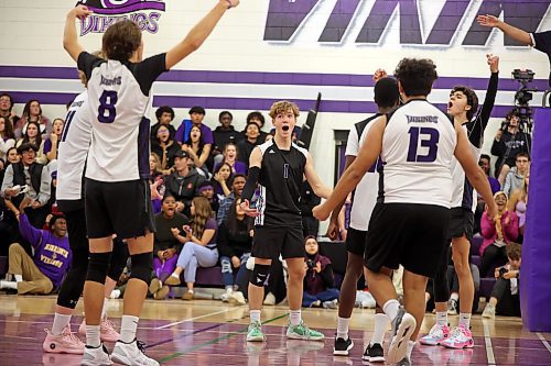 06102023
Vincent Massey Vikings players celebrate a point during their match against the Crocus Plainsmen in the Viking Classic volleyball tournament at VMHS on Friday afternoon. 
(Tim Smith/The Brandon Sun)