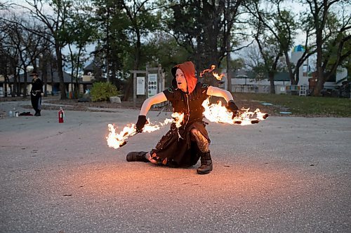 BROOK JONES / WINNIPEG FREE PRESS
Boo at the Zoo at the Assiniboine Park Zoo in Winnipeg Man., features a number of performers as well as plenty of Halloween fun. Boo at the Zoo run Oct. 6 to . 29. Pictured: Fire performer Ezra Nickel, who performs with Laura JC spins fire tools as he entertains the crowd during the opening night of Boo at the Zoo Friday, Oct. 6, 2023. The duo are from Street Circus.