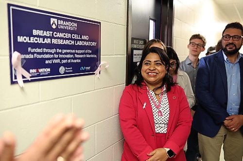 11102023
Dr. Mousumi Majumder, Canada Research Chair in Genotoxicology at Brandon University, smiles after unveiling the BU Breast Cancer Cell and Molecular Research Laboratory on Wednesday. The lab will be run by Dr. Majumder. 
(Tim Smith/The Brandon Sun)