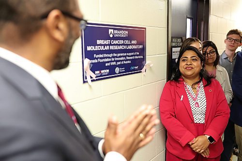 11102023
Dr. Mousumi Majumder, Canada Research Chair in Genotoxicology at Brandon University, smiles after unveiling the BU Breast Cancer Cell and Molecular Research Laboratory on Wednesday. The lab will be run by Dr. Majumder. 
(Tim Smith/The Brandon Sun)