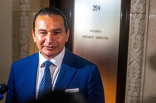 MIKAELA MACKENZIE / WINNIPEG FREE PRESS

Premier designate Wab Kinew scrums outside of the premier&#x573; office after meeting with outgoing premier Heather Stefanson at the Manitoba Legislative Building on Thursday, Oct. 5, 2023. For Danielle story.
Winnipeg Free Press 2023.