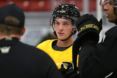 Brandon Wheat Kings defenceman Quinn Mantei made the most of his experience in the development camp, rookie camp and main camp as a free agent with the National Hockey League’s Calgary Flames this summer and fall. He is shown at a recent practice talking to assistant coach Mark Derlago, left, as his defensive partner Kayden Sadhra-Kang listens. (Perry Bergson/The Brandon Sun)
Oct. 14, 2023