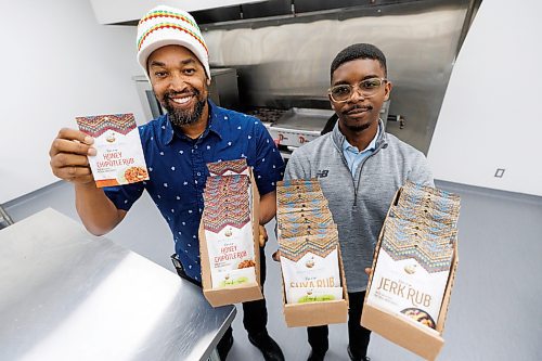 MIKE DEAL / WINNIPEG FREE PRESS
Boyd Barrett (left) and Cyril Coulibaly (right) co-owners of Robin's Hall Spice Company with some of their product in the kitchen they rent at Winnipeg Ghost Kitchens located at #2 - 120 Lowson Crescent.
See Joel&#xa0;Schlesinger story
231013 - Friday, October 13, 2023.