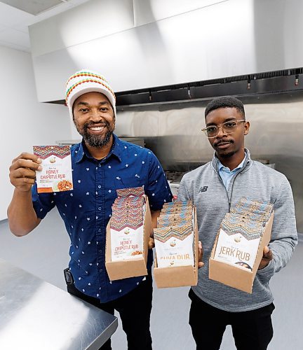 MIKE DEAL / WINNIPEG FREE PRESS
Boyd Barrett (left) and Cyril Coulibaly (right) co-owners of Robin's Hall Spice Company with some of their product in the kitchen they rent at Winnipeg Ghost Kitchens located at #2 - 120 Lowson Crescent.
See Joel&#xa0;Schlesinger story
231013 - Friday, October 13, 2023.