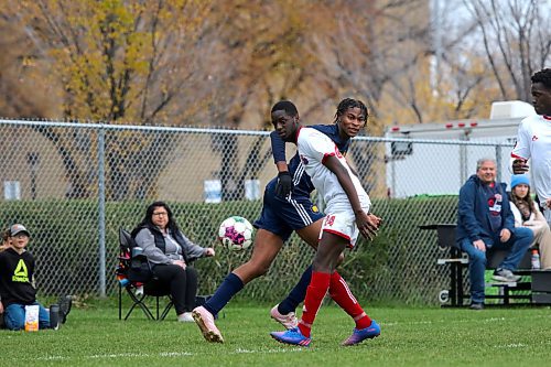 Edwin Ali makes a one-touch pass during the Brandon University Bobcats MCAC men's soccer match against St. Boniface at the Healthy Living Centre field on Saturday. (Thomas Friesen/The Brandon Sun)
