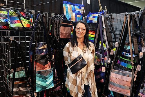 Buckle Up Bags founder Nancy Logan provided a unique approach to sustainability at the event, crafting bags from seatbelts. (Abiola Odutola/The Brandon Sun)