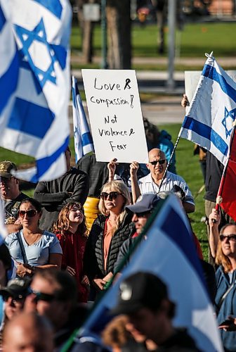 JOHN WOODS / WINNIPEG FREE PRESS
About 200 Israel supporters gathered to support the war with Palestine at the Manitoba Legislature in Winnipeg Sunday, October 15, 2023. 

Reporter: searle