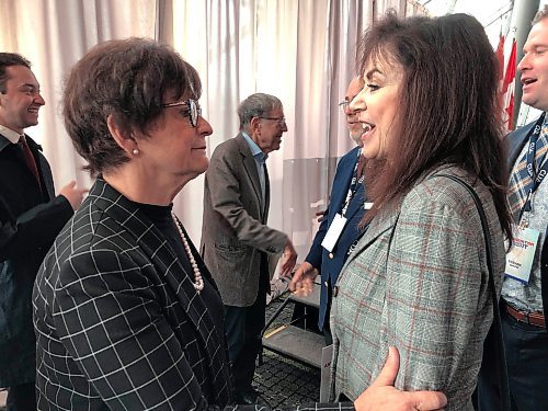 JOHN LONGHURST / WINNIPEG FREE PRESS

Belle Jarniewski (r), executive director of Winnipeg's Jewish Heritage Centre of Western Canada, greets Deborah Lyons, the new Special Envoy for Holocaust Remembrance and Combating Antisemitism following the announcement of her appointment in Ottawa. 