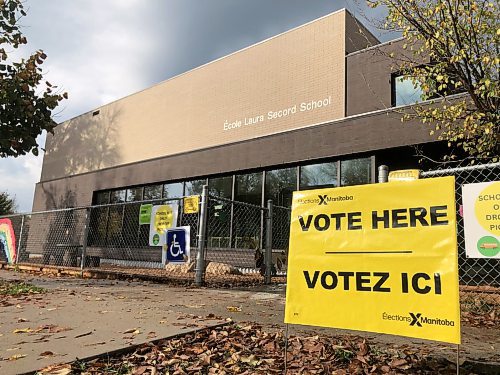 A voting sign at a Wolseley polling station on election day. (Erik Pindera / Winnipeg Free Press)