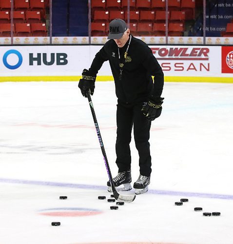 Del Pedrick, shown at a recent Brandon Wheat Kings practice organizing for a drill, has pushed around a lot of pucks in his career. (Perry Bergson/The Brandon Sun)
Oct. 18, 2023