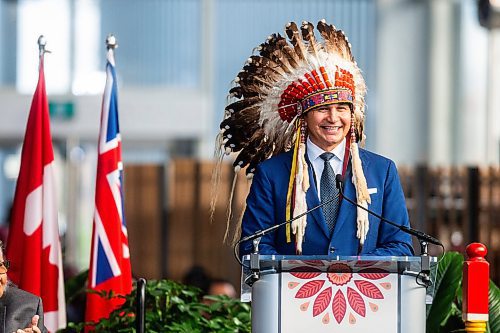 Wab Kinew speaks after being sworn in as premier at The Leaf on Wednesday, Oct. 18, 2023. (Mikaela MacKenzie/Winnipeg Free Press)
