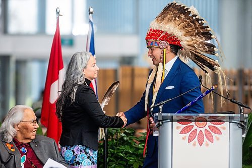 MIKAELA MACKENZIE / WINNIPEG FREE PRESS

Wab Kinew shakes hands with Nahanni Fontaine before she is sworn in as Minister of Families (the first woman First Nations cabinet member in Manitoba) during the swearing-in ceremony at The Leaf on Wednesday, Oct. 18, 2023.
Winnipeg Free Press 2023.