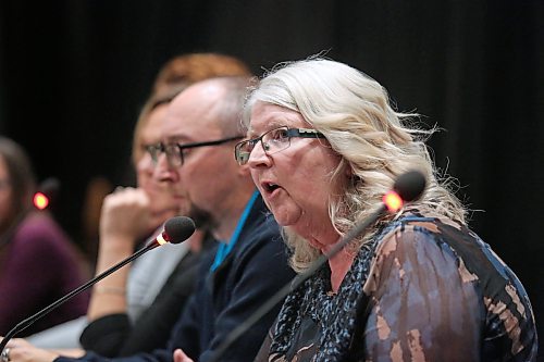 Lorraine McConnell, a trustee candidate for the Brandon School Division byelection, speaks to her support of the board's decision earlier this year not to strike a committee that would look to ban certain books from school libraries, during an all-candidates forum held at Brandon University's Evans Theatre on Wednesday evening. (Matt Goerzen/The Brandon Sun)